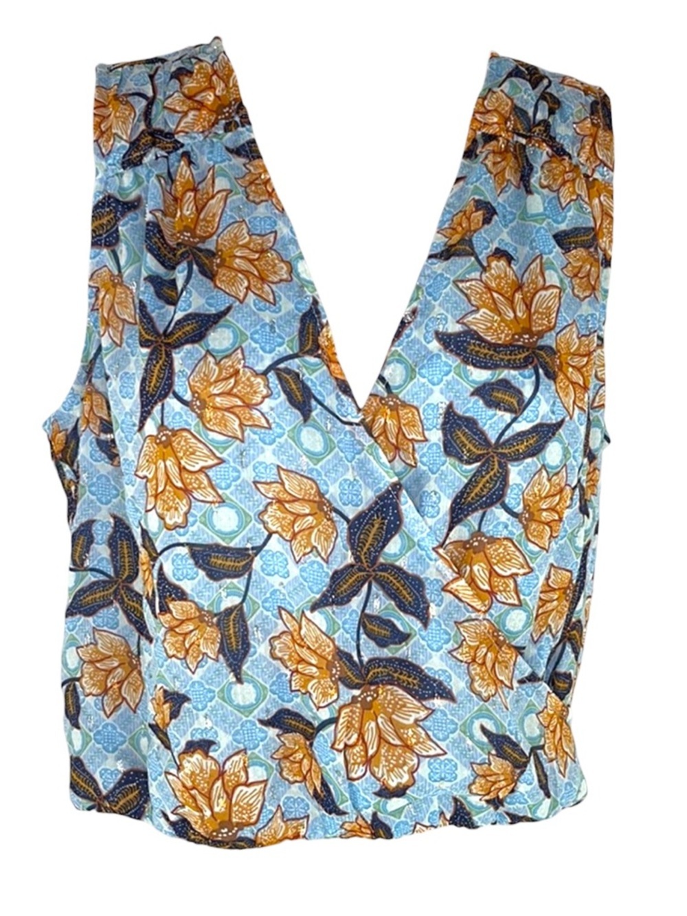 Rachel Zoe Cropped Top Faux Wrap Sleeveless V neck Mustard Blue Large - Picture 6 of 16